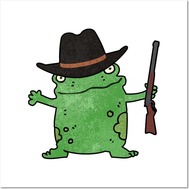 Frog With Cow Hat | Funny Cartoon Cowboy Bandit Toad Holding Rifle Wall Art by Nonconformist